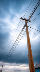 Fototapeta premium Leaning telephone pole against dramatic sky with tangled wires