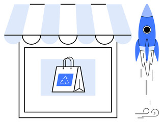 Retail shop with striped awning and recyclable shopping bag, paired with launching rocket. Ideal for sustainability, innovation, startups, e-commerce, green business, progress growth. Clean simple