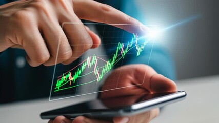 Hand of a businessman holding a smartphone with a glowing stock market chart - Powered by Adobe