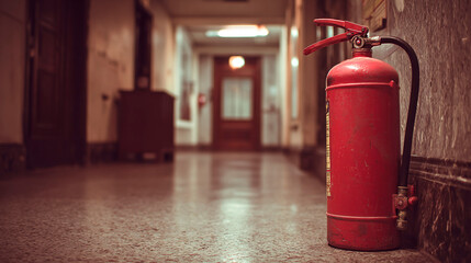 Obraz premium Vibrant red fire extinguisher stands ready in a dimly lit hallway, safety, preparedness.