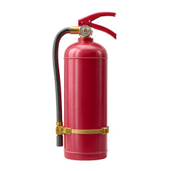 Fototapeta premium A red fire extinguisher stands ready for use, featuring gold accents and a black hose nozzle.