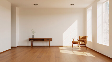 Bright modern empty room with warm sunlight streaming through large windows onto wooden floors.