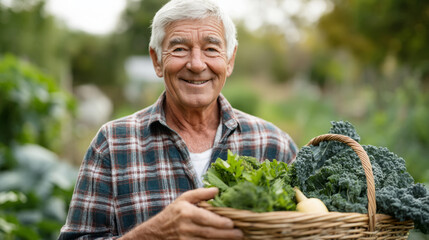 Elderly farmer with basket of fresh garden vegetables in rural setting