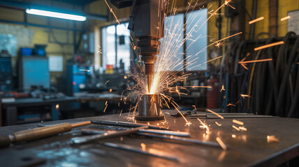 Dynamic metalworking sparks fly from industrial machine in busy workshop, showcasing manufacturing power.