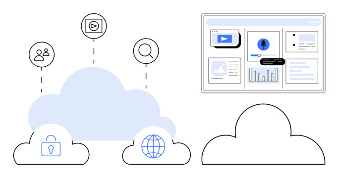 Multiple cloud icons connected to user, lock, globe, and search, paired with a data dashboard. Ideal for technology, networking, digital protection, analytics teamwork streaming remote systems
