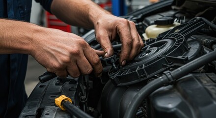 Fototapeta premium Mechanics hands work on a car engine focusing on a black plastic component