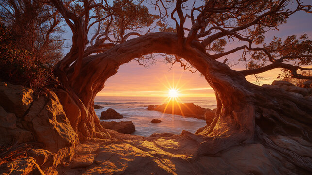 Gnarled ancient tree frames a brilliant sunburst over the ocean at sunset