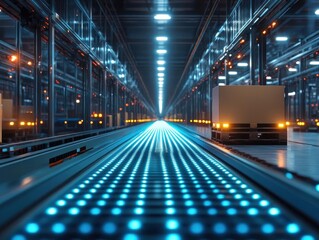 Obraz premium A logistics station lit by cold blue LED lights, reflecting a calm yet highly efficient automated workflow