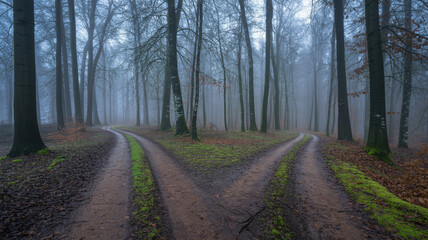 Fototapeta premium Mysterious forest path forks, inviting exploration into the unknown, evoking contemplation and choice.