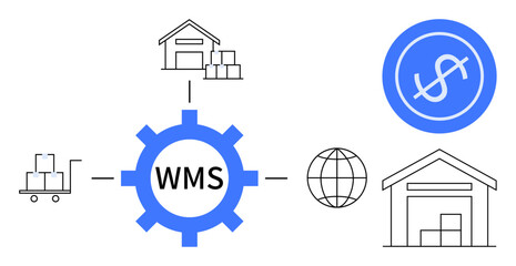 Warehouse management system gear linking warehouses, inventory cart, globe, and financial circle. Ideal for logistics, inventory, supply chain, business management, globalization technology simple