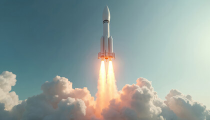 Powerful rocket launches skyward amid clouds, trailing bright orange exhaust from engines. Symbol of exploration, technology, innovation ascends through atmosphere, representing ambition, future