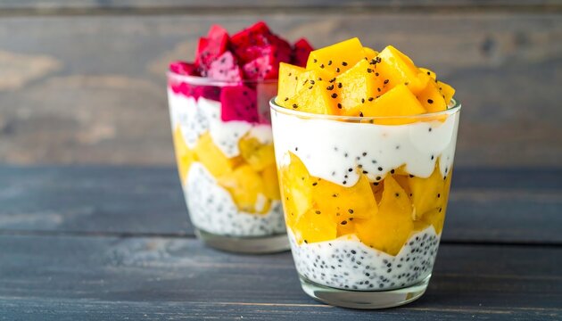 Colorful layered parfait with dragon fruit and mango.