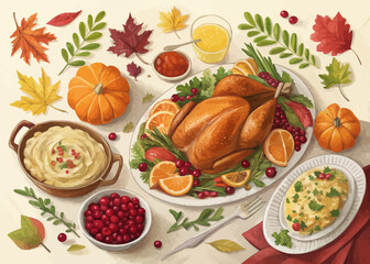 Thanksgiving dinner with turkey, mashed potatoes, cranberry sauce and autumn leaves arrangement view