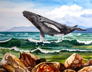 Humpback whale leaping over waves