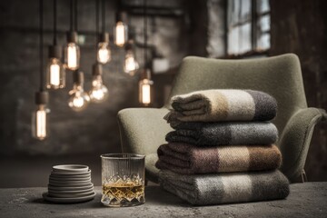 Cozy stacked blankets, a glass of whiskey, with warm industrial lighting.