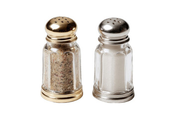 Two glass spice/salt shakers, one gold, one silver, filled with contrasting spices