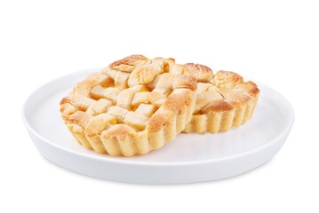 Peach tartlets in a plate on a white isolated background