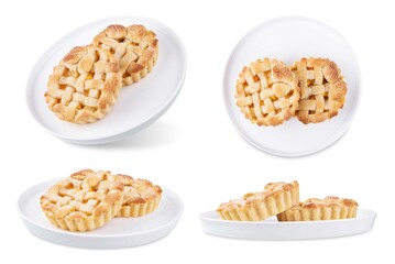 Peach tartlets in a plate on a white isolated background