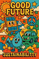 Retro-Psychedelic Pop Art Collage &bdquo;Good Future&ldquo; mit nachhaltigen Symbolen