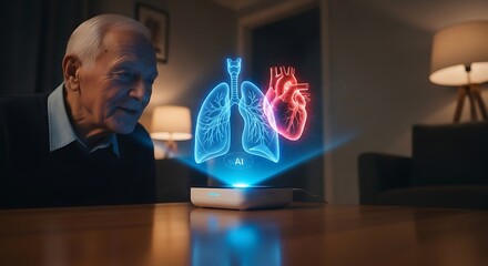 Senior man using ai hologram for heart and lungs health diagnosis futuristic medicine technology concept