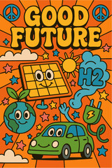 Retro-Psychedelic Pop Art Collage &bdquo;Good Future&ldquo; mit nachhaltigen Symbolen