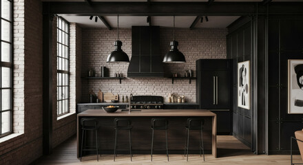Spacious modern industrial kitchen with dark cabinetry and exposed brick