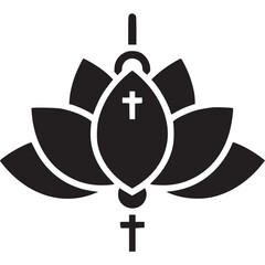 Lotus flower with cross and rosary beads isolated on white background, a symbol of faith, spirituality, and meditation in a peaceful and serene design