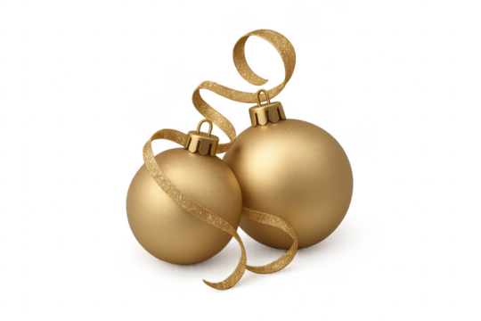 Two golden christmas balls with golden ribbon on transparent background
