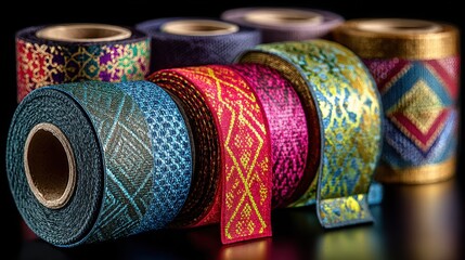 Close-up of several colorful decorative ribbons and tapes stacked in rolls, showcasing patterns, textures, and materials for crafts and embellishments