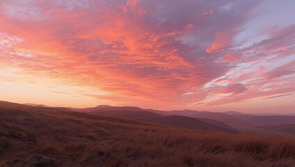 Obraz premium A breathtaking display of nature's artistry as a vibrant sunset paints the sky with fiery hues over a serene mountain landscape, evoking a sense of peaceful grandeur.