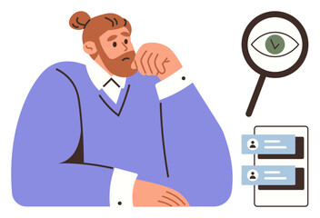 Bearded man in blue sweater thinking, magnifying glass with eye symbol, user interface with profile cards. Ideal for search, analysis, decision-making, productivity, UX, problem-solving simple flat