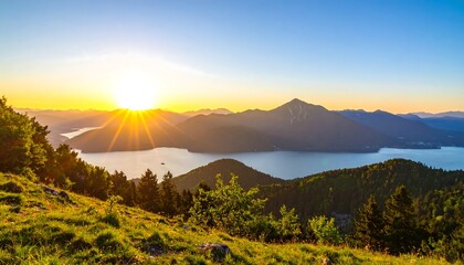 Scenic mountain sunset over a lake