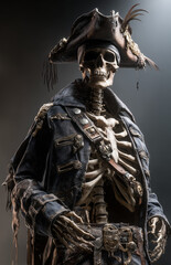 Macabre pirate skeleton adorned in a weathered leather coat and tricorn hat stands ominously against a dark background