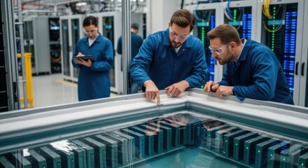 Workers inspecting the seal and insulation around an immersion cooling tank ensuring safety and efficiency in a hightech data facility.