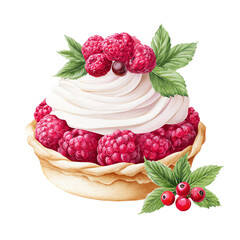 Delicious raspberry tart with whipped cream and fresh raspberries, isolated on transparent background. Watercolor style