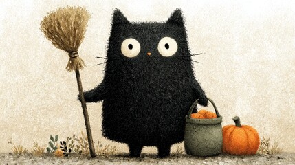 Cartoon fluffy black cat with yellow eyes stands on light textured background