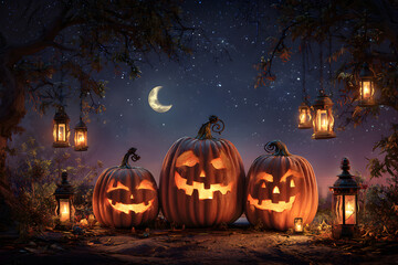Orange pumpkins glow under moonlight. Halloween lanterns shine. Great for festive posters or greeting cards.
