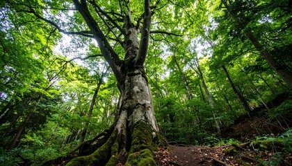 Lush forest canopy, towering tree