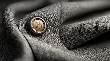 Close-up of elegant gray tweed jacket with intricate gold button design