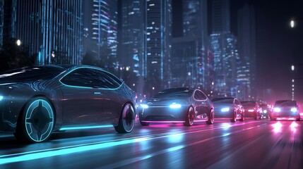 Futuristic Electric Cars Night City Traffic.