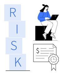 Woman working on laptop, stacked blocks spelling risk, financial document with seal and clock. Ideal for business, analysis, finance, risk assessment, decision-making strategy productivity. Simple