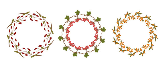 Fototapeta premium Three Vector Decorative Wreaths made of autumn berries and leaves. Fall graphics for holiday cards, templates, thanksgiving design. Leaf Flat illustration. Fall Poster template.