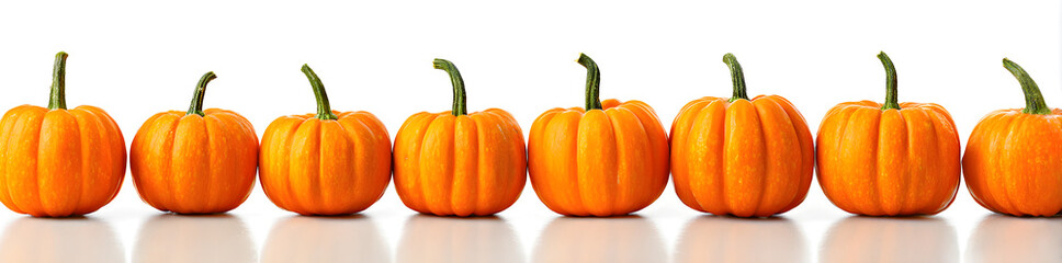 Orange pumpkins gleam on white, presenting smooth textures for fall posters, Halloween product photography, or Thanksgiving branding.
