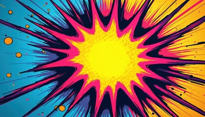Fototapeta premium Dynamic abstract art burst illustration features vibrant explosion of pink, yellow, blue, purple colors. Bold lines, dots, radial patterns create energetic comic style graphic design. Splashes of