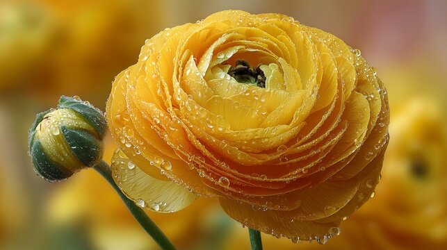 macro close up of yellow ranunculus flower with dew drops