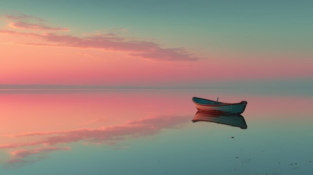 small boat on calm water under pastel sunrise minimalist scene - Powered by Adobe