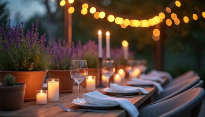 Elegant outdoor dining setup featuring wooden table laid with dinnerware, candles, wine glasses, illuminated by warm string lights. Potted lavender plants add touch of floral charm to romantic,