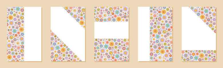 Groovy retro banner set with floral pattern. Colorful flower and smiley template gives unique y2k background as playful banner design, ideal for poster or set layout.