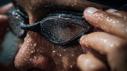 Focused and Determined: A close-up captures a determined swimmer, adjusting their goggles before diving into the pool. Droplets of water cling to their skin.