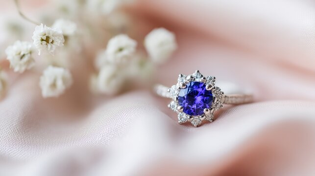 Elegant sapphire and diamond engagement ring on fabric